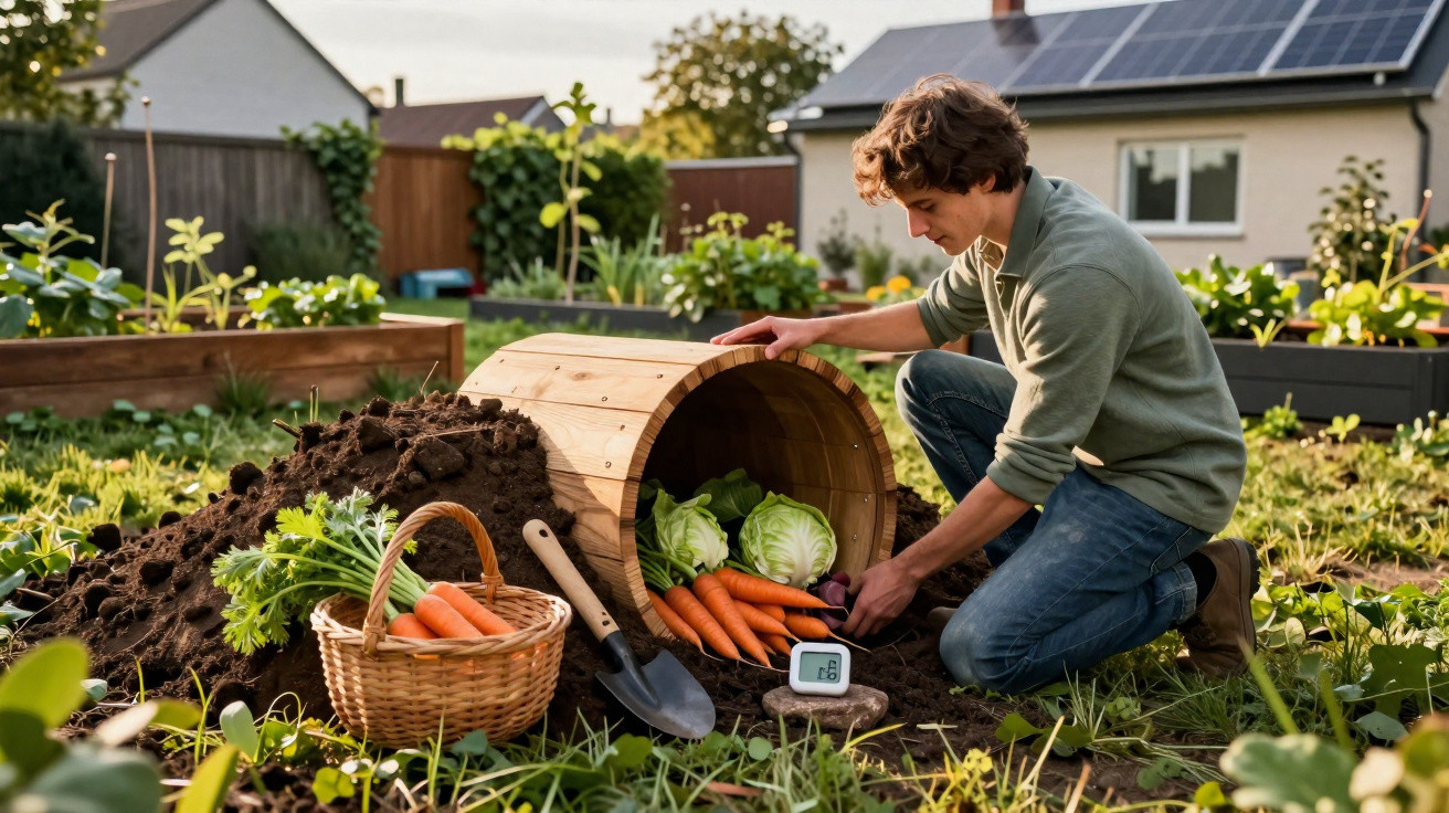 Homem a cultivar cenouras e alfaces num jardim com casa ao fundo e cesta com legumes ao lado.