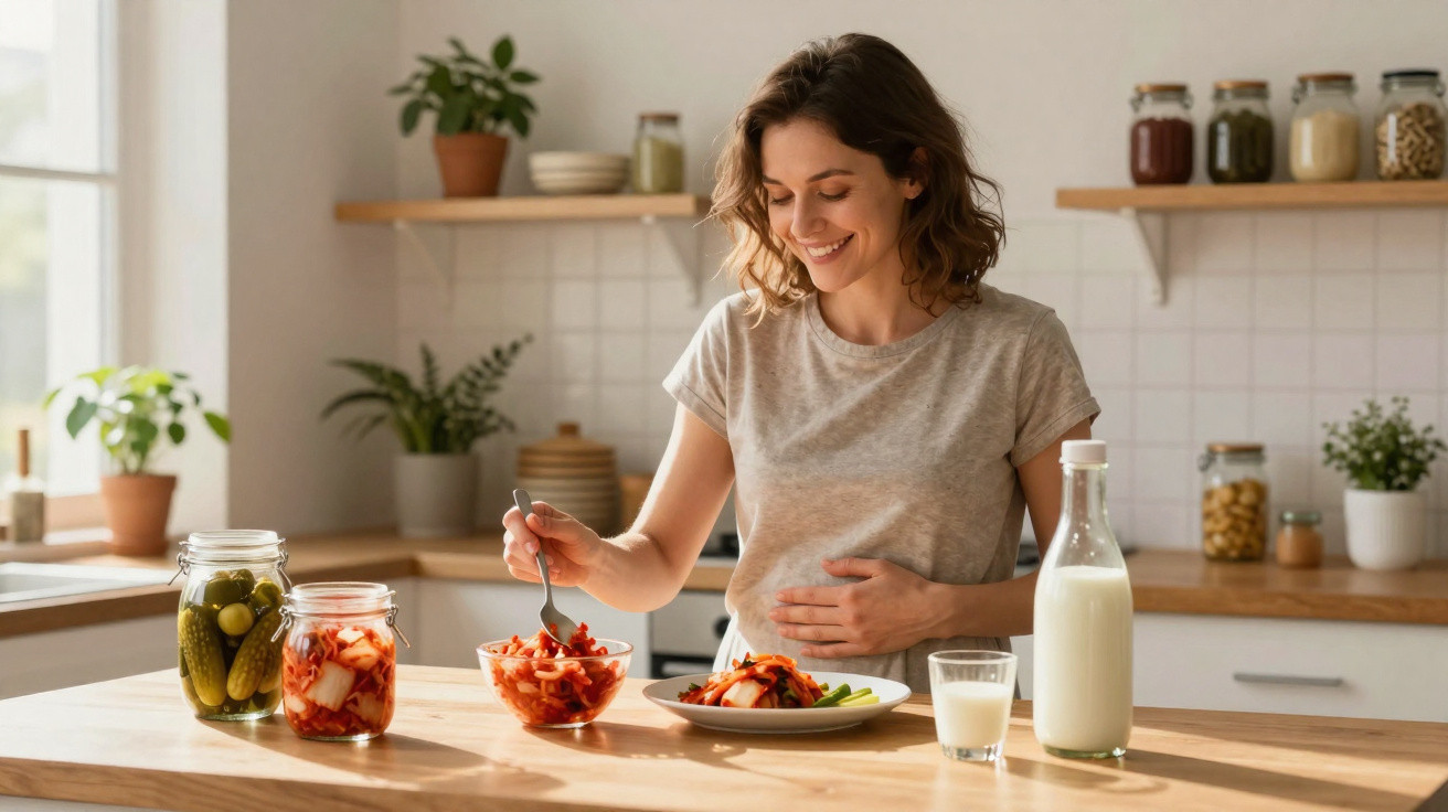 Mulher grávida sorridente prepara e come alimentos saudáveis numa cozinha luminosa e organizada.