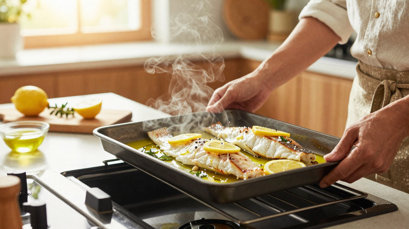 Pessoa a retirar do forno tabuleiro com filetes de peixe temperados com limão e azeite.