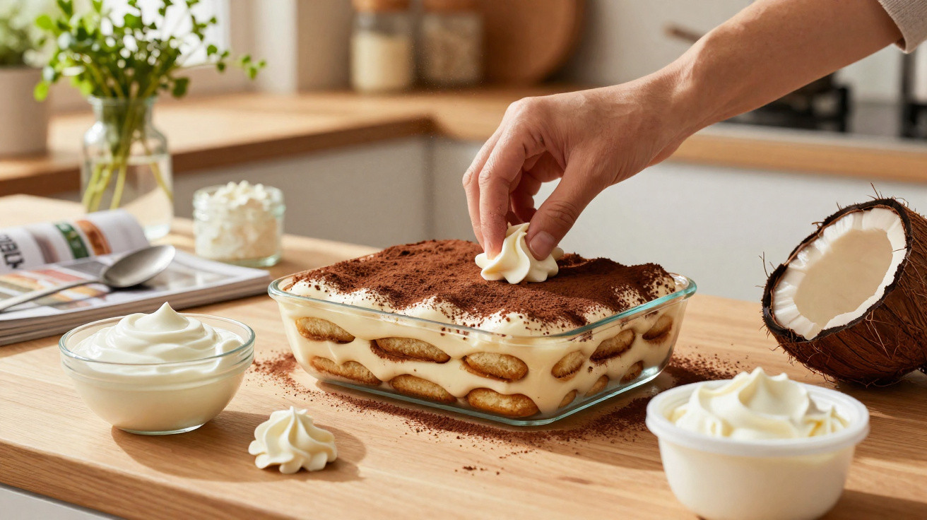 Mão a decorar tiramisù com nata, em recipiente quadrado, rodeado por ingredientes numa bancada de cozinha.