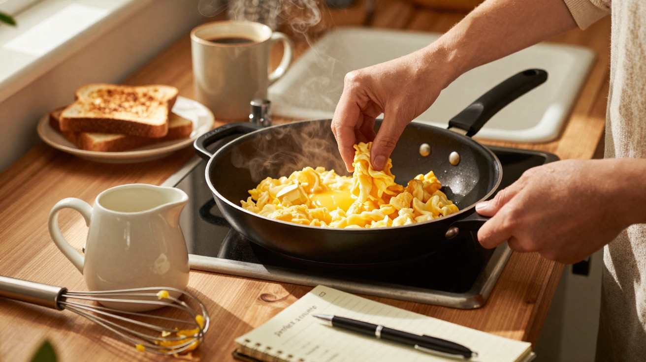 Pessoa a mexer massa fusilli com queijo numa frigideira, com torradas, chávena e caderno na bancada.