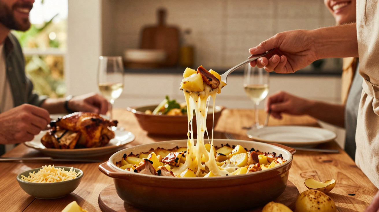 Pessoa a servir batatas gratinadas com queijo derretido numa mesa de jantar com outras pessoas.