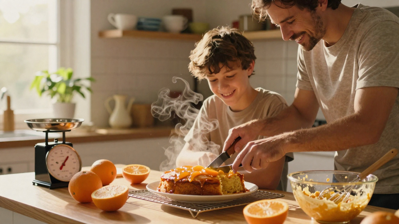Pai e filho a cortar bolo de laranja quente na cozinha iluminada, com frutas e utensílios na bancada.