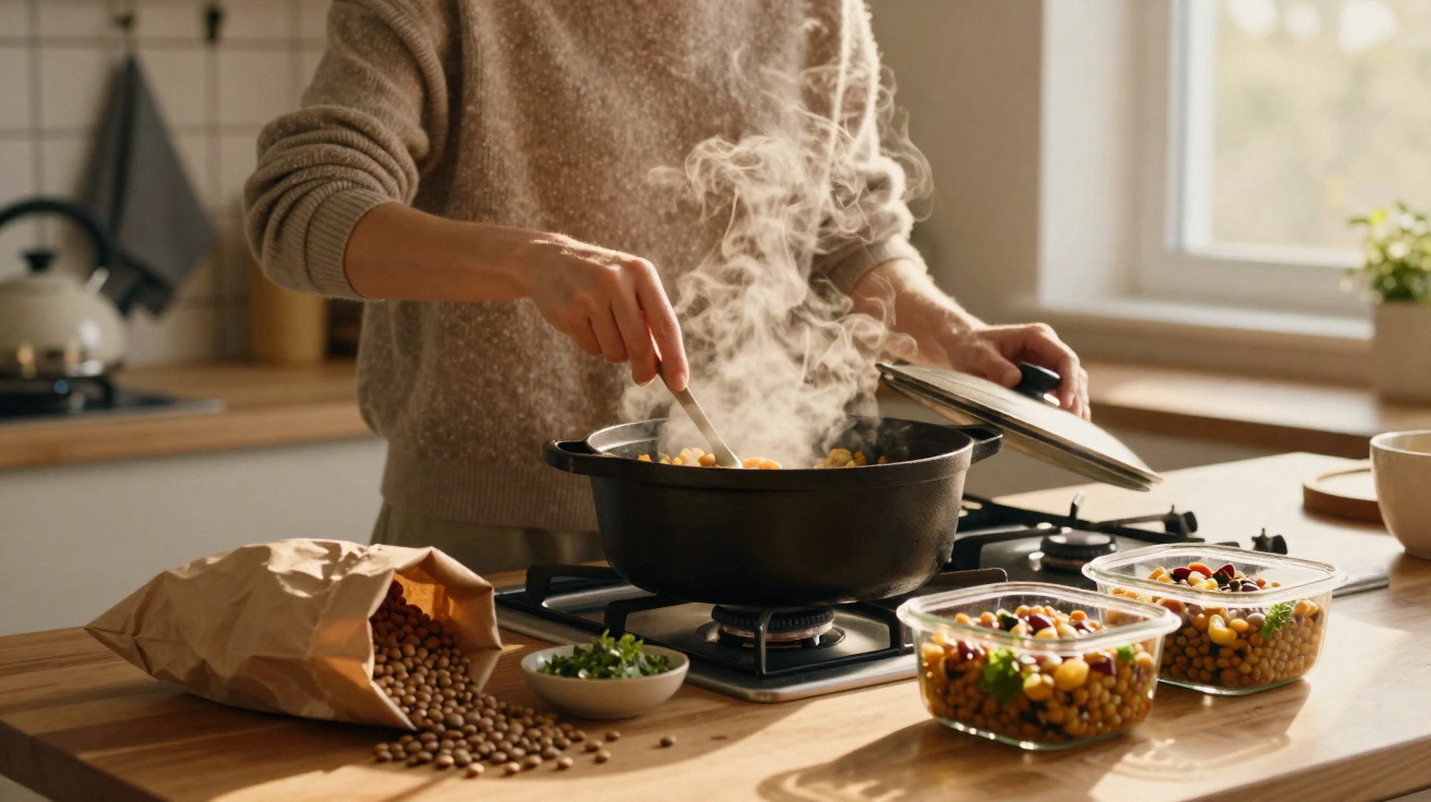 Pessoa a cozinhar legumes num fogão com vapor a sair da panela numa cozinha luminosa.