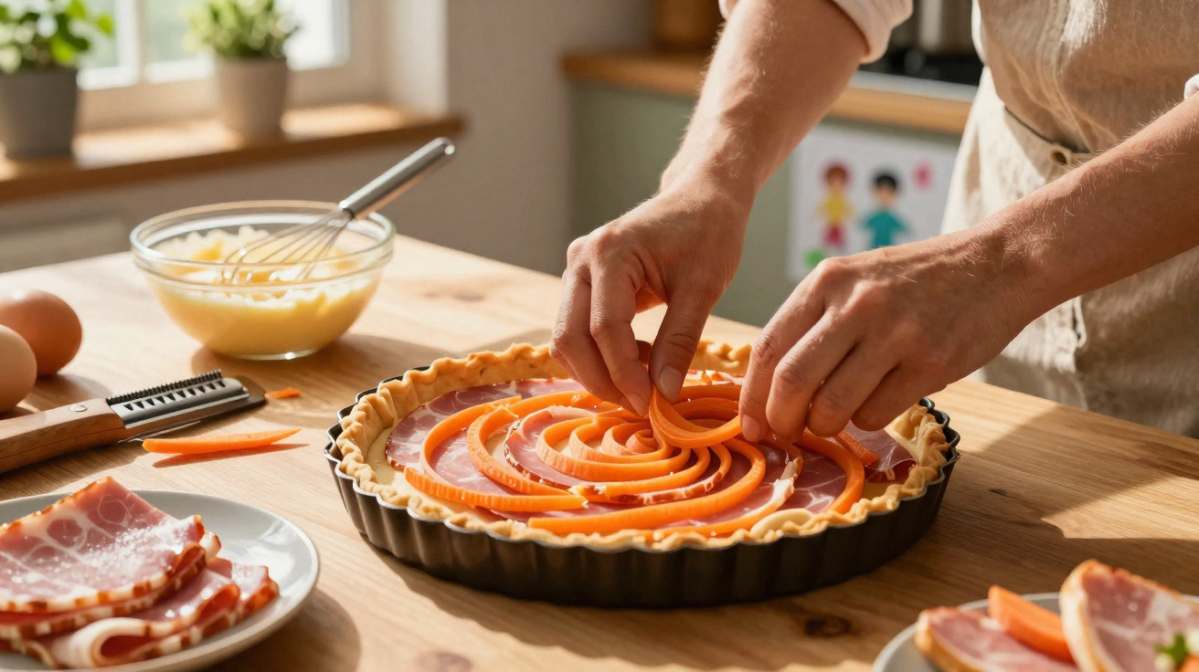 Mãos a decorar uma tarte com fatias finas de cenoura sobre base de fiambre numa cozinha iluminada.