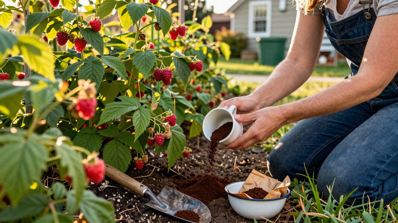 Pessoa a fertilizar plantas de framboesas num jardim com fertilizante orgânico, com enxada ao lado.