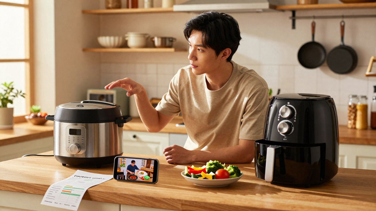 Homem prepara refeição na cozinha com robot de cozinha e fritadeira ao lado, seguindo receita no telemóvel.