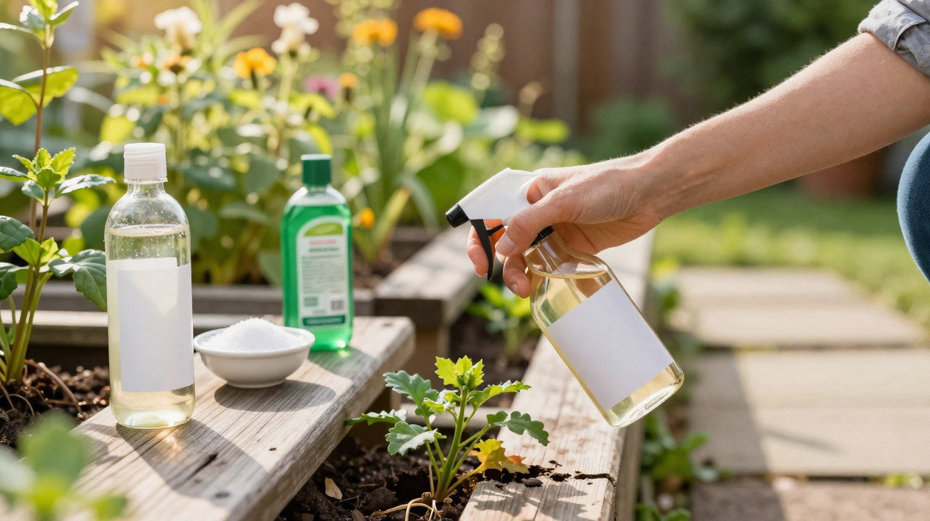 Pessoa a pulverizar planta numa horta elevadas, com garrafas e recipiente com sal ao fundo.