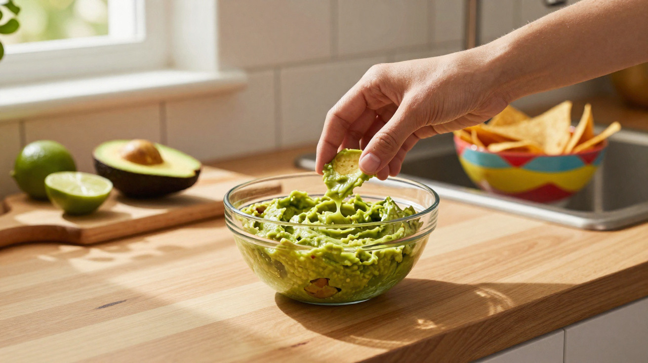 Mão a mergulhar tortilha em guacamole numa tigela de vidro numa cozinha com abacate cortado ao fundo.