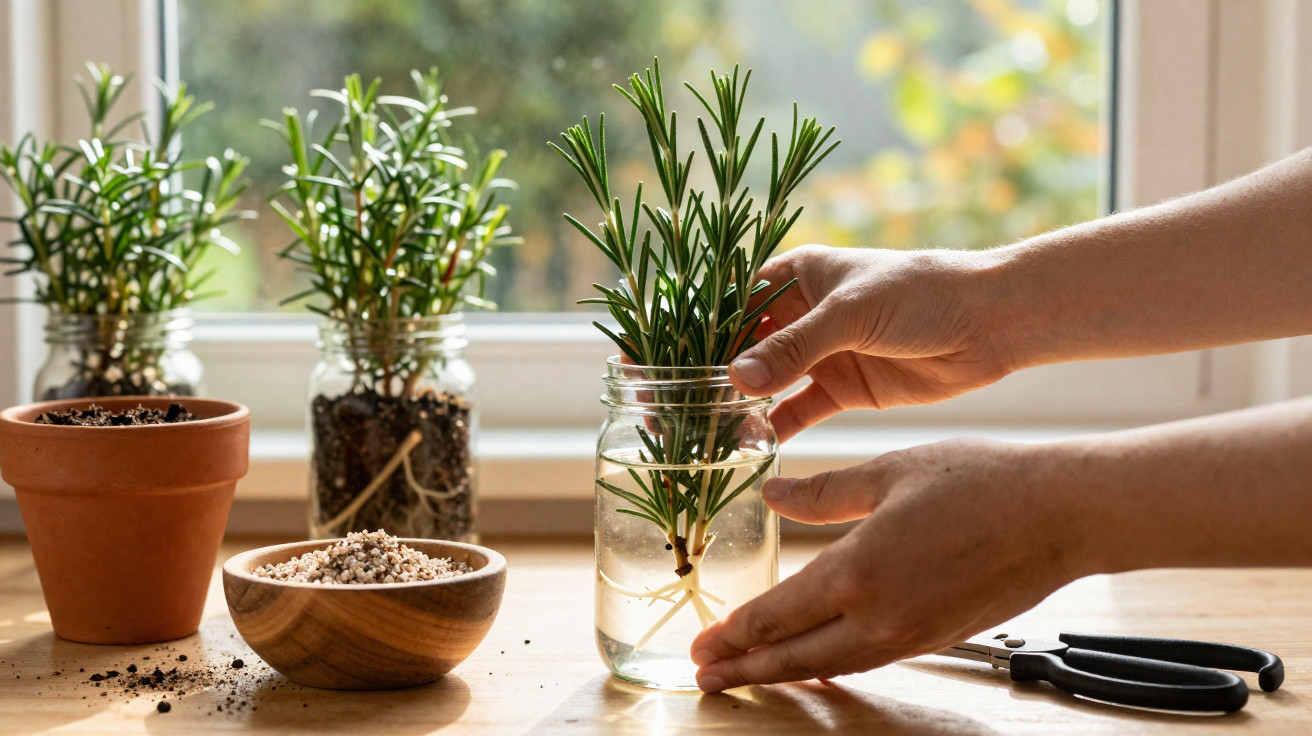 Mãos a colocar ramo de alecrim num frasco com água sobre mesa com plantas e terra junto a janela.