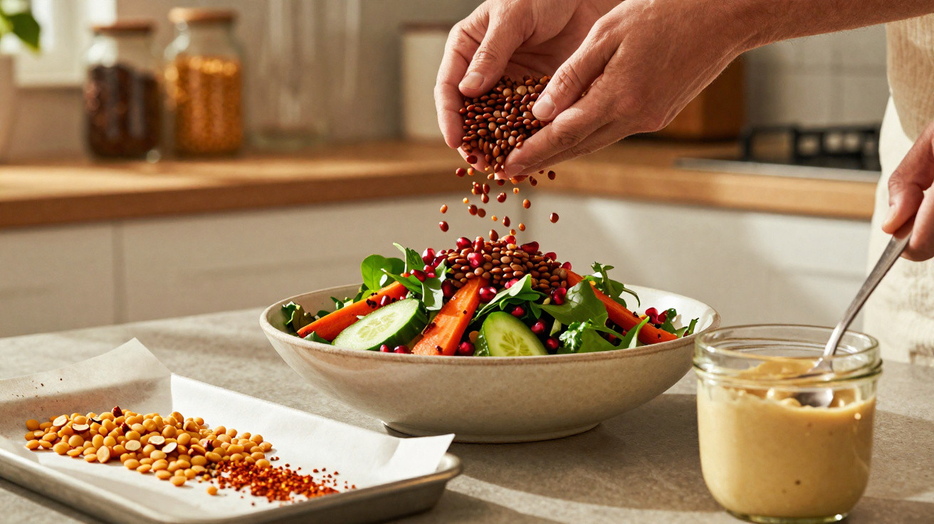 Mãos a deitar feijão sobre salada com cenoura, pepino e folhas verdes numa cozinha luminosa.