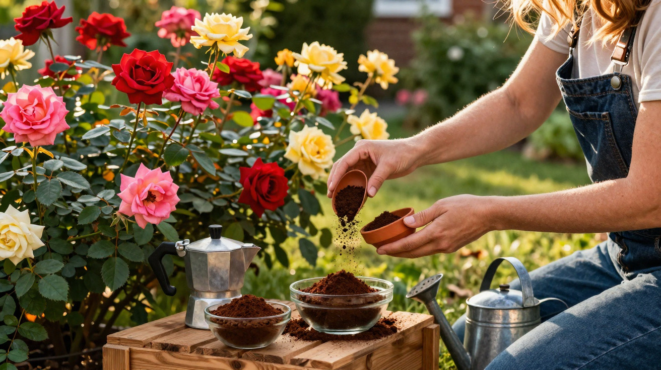 Pessoa a preparar café com café moído ao lado de jarro de metal e flores de rosa coloridas num jardim.
