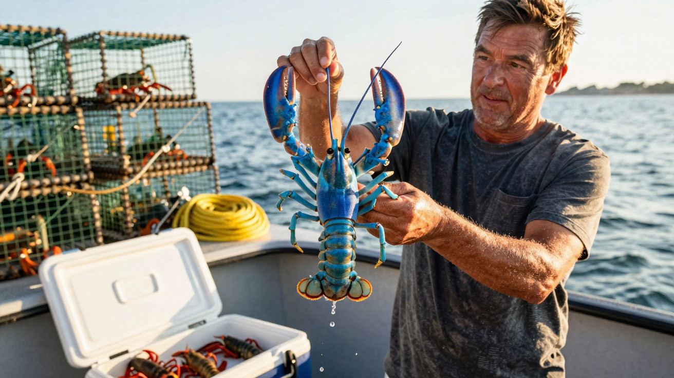 Homem segura uma lagosta azul grande a bordo de barco de pesca no mar ao pôr do sol.