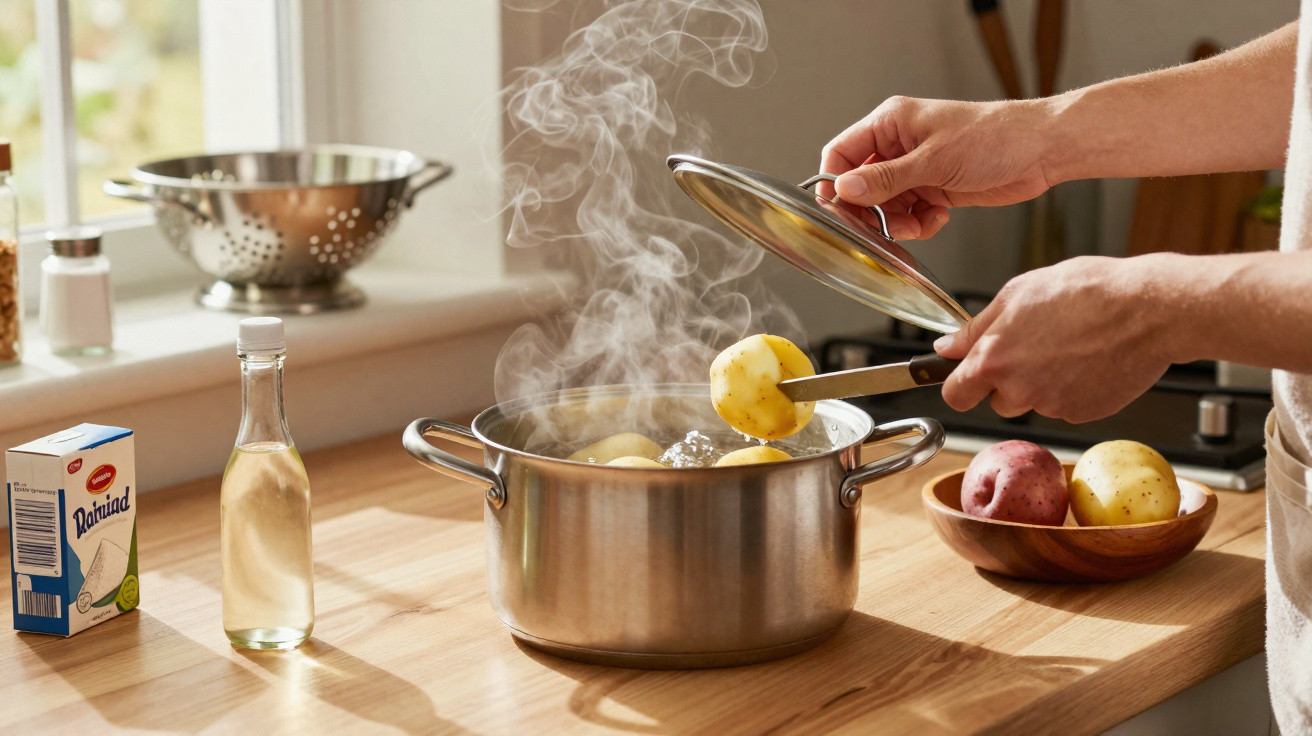 Mãos a retirar batata quente com pinça de panela de inox em vapor na cozinha.