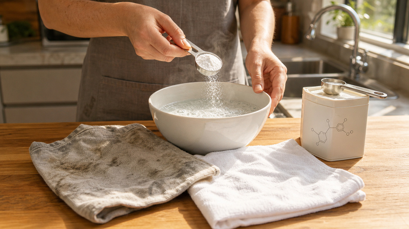 Pessoa a adicionar bicarbonato de sódio numa tigela com água numa cozinha, com panos escolares na bancada.