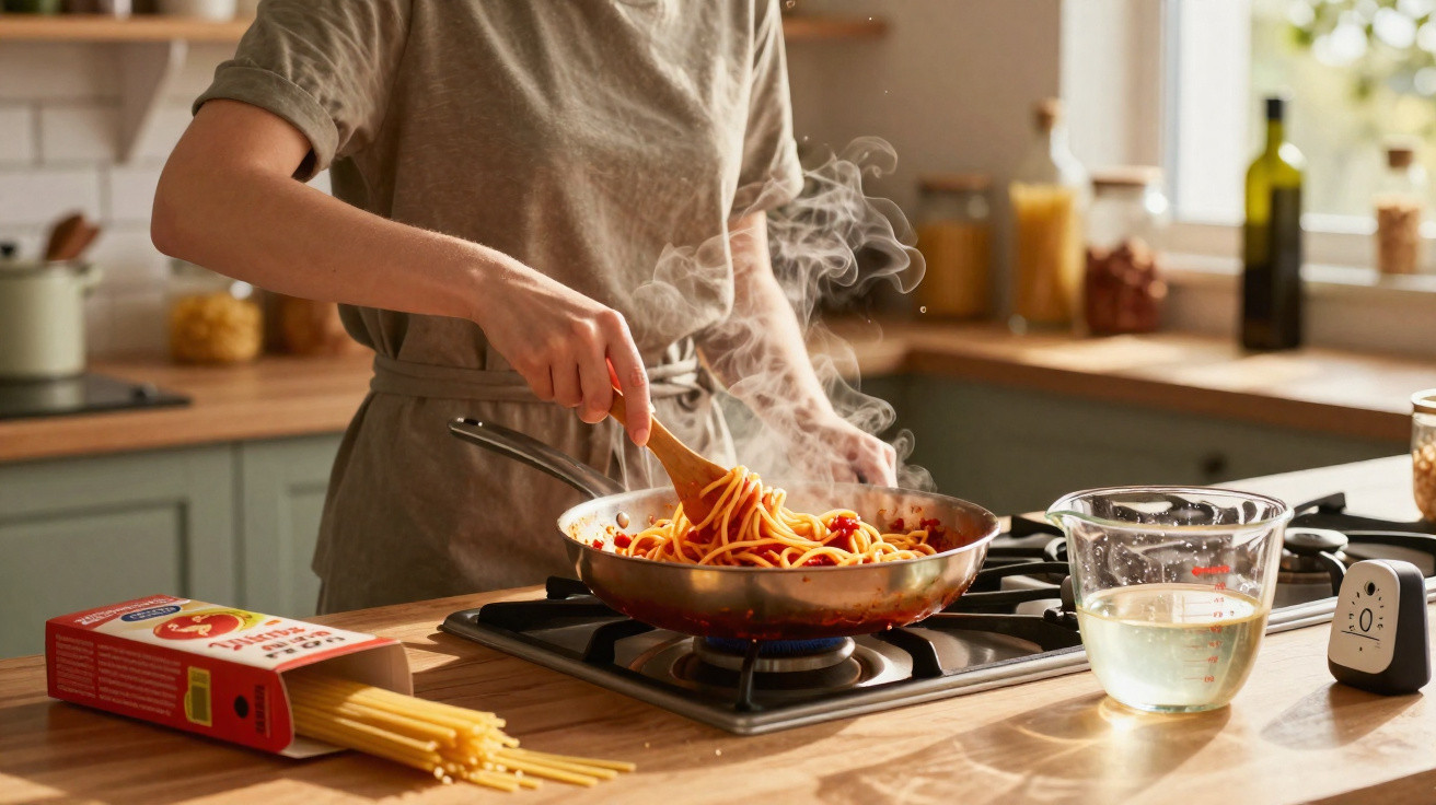 Pessoa a cozinhar esparguete com molho num fogão de cozinha moderna com utensílio de madeira.