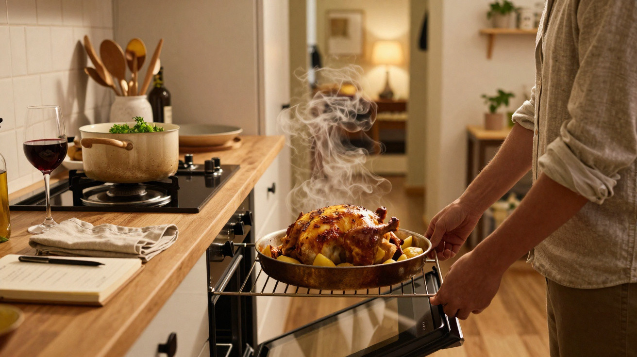 Pessoa a retirar frango assado fumegante do forno numa cozinha moderna iluminada.