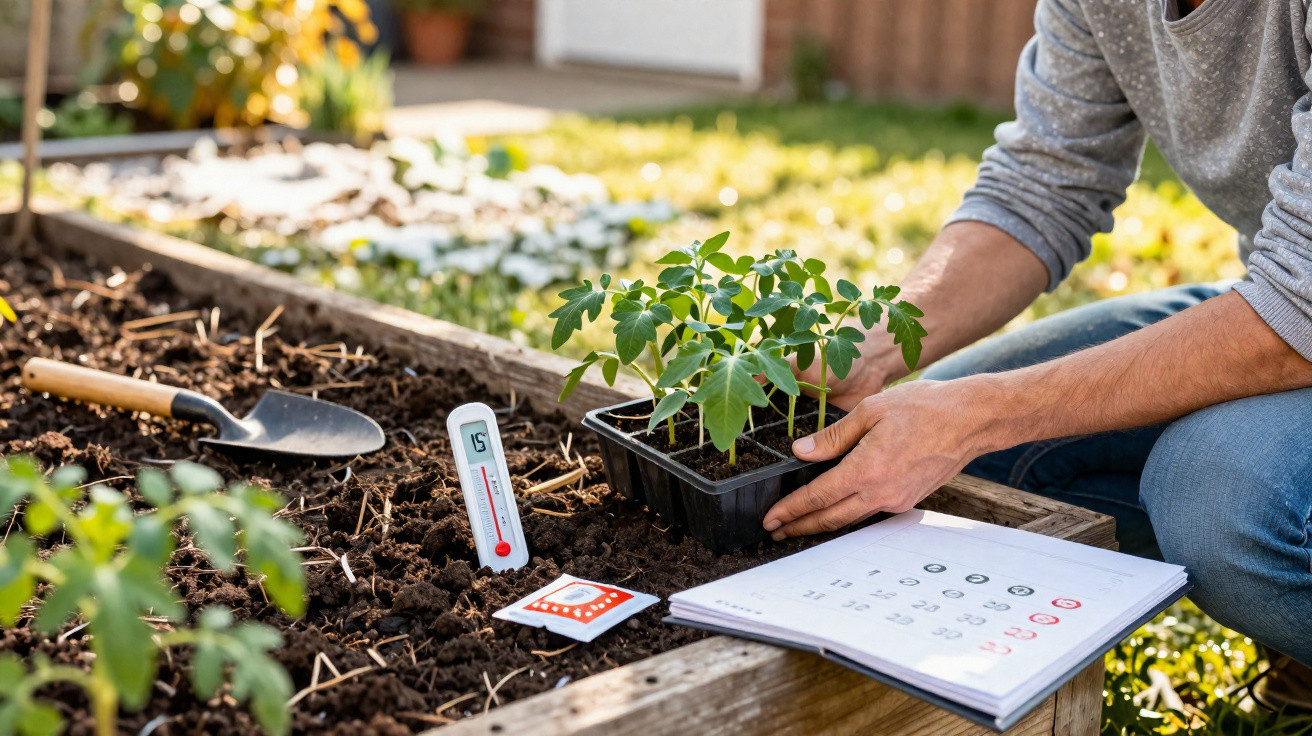 Pessoa a transplantar plantas jovens num canteiro de jardim com termómetro e calendário à vista.