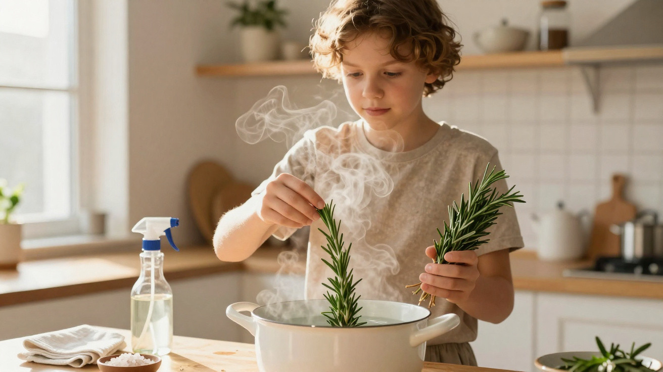 Criança a cozinhar, a colocar ramos de alecrim numa panela com vapor numa cozinha luminosa.