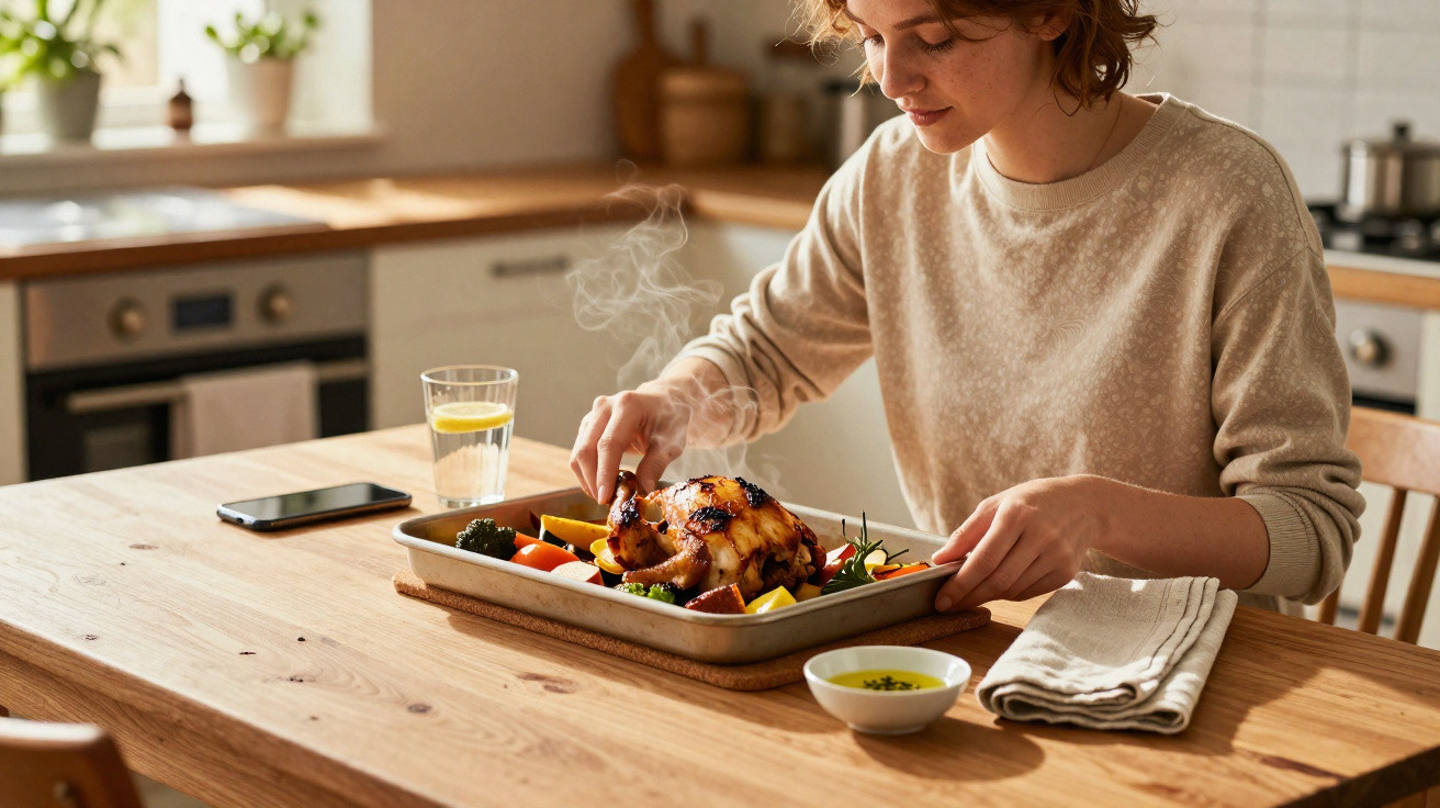 Mulher prepara-se para comer frango assado quente com legumes numa cozinha moderna e luminosa.