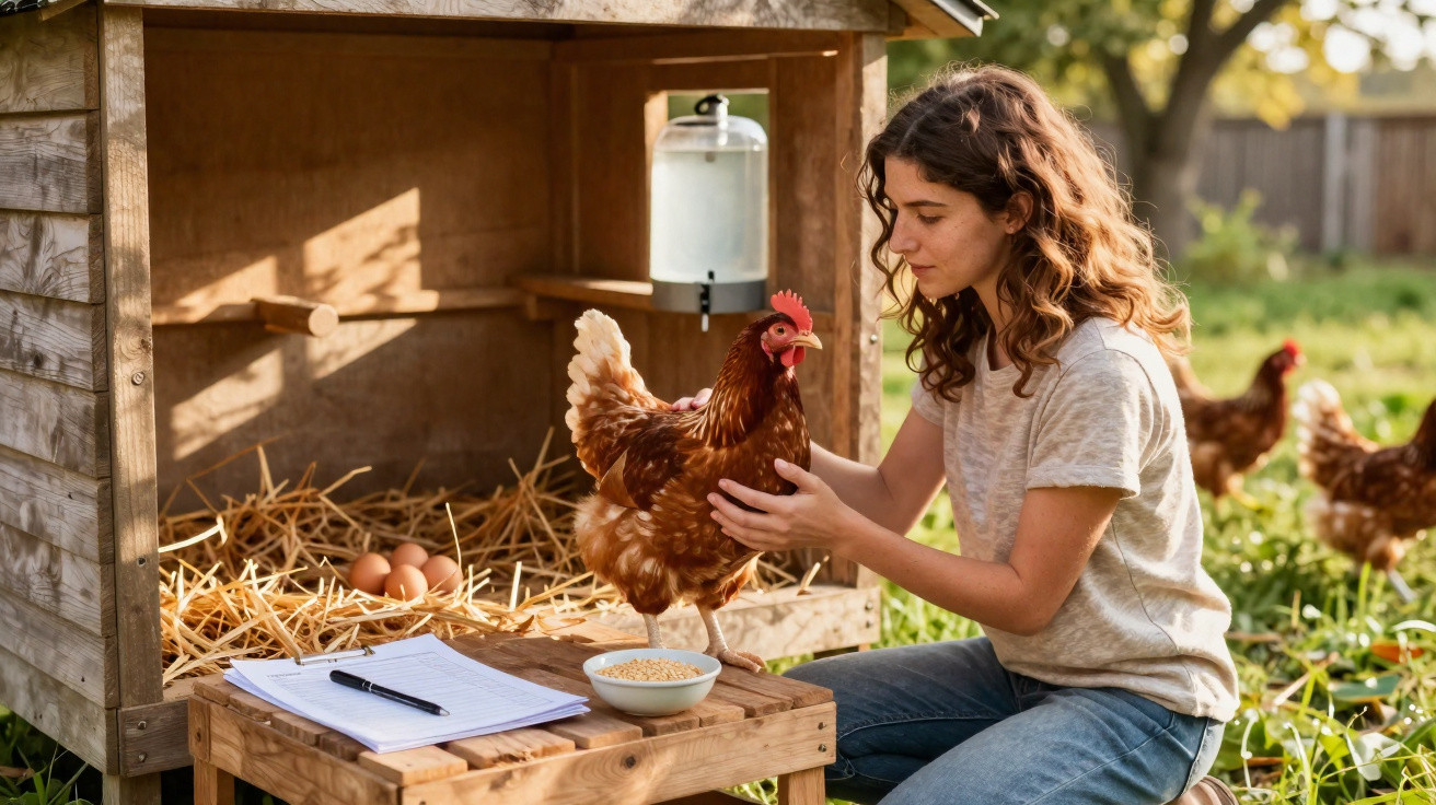 Jovem mulher a cuidar de galinha junto a galinheiro com ovos, caderno e alimento ao ar livre.