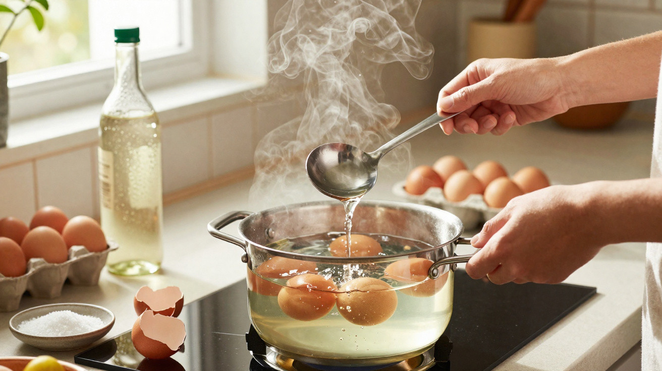 Mãos a retirar ovos a cozer com uma colher de pau de uma panela com água a ferver na cozinha.