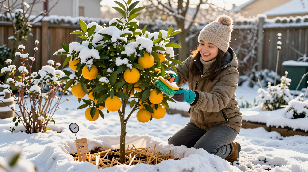 Mulher sorridente limpa neve de uma árvore de citrinos num jardim coberto de neve, vestindo roupa de inverno.
