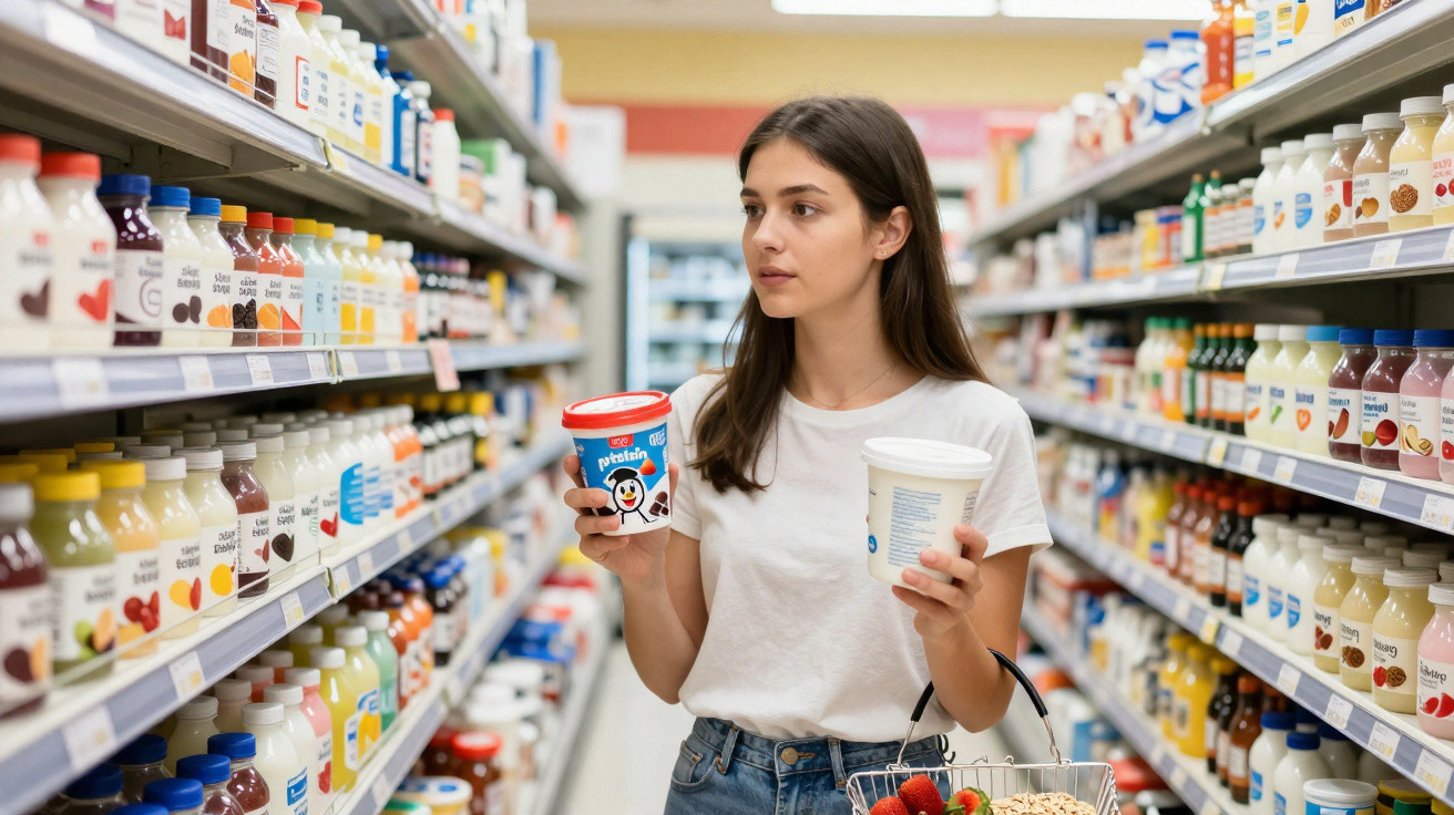 Mulher jovem a escolher iogurtes na secção de laticínios de um supermercado, segurando dois potes.