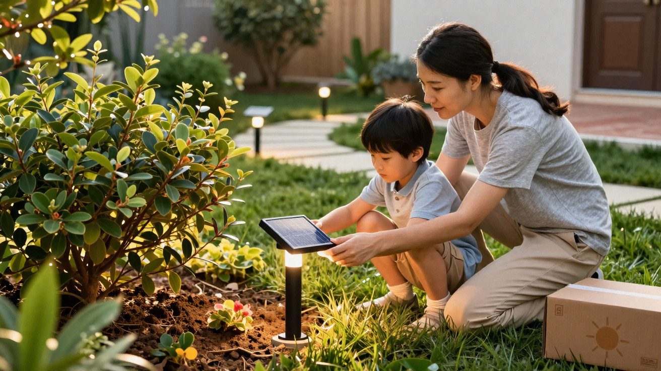 Mulher e menino a instalar luz solar numa lâmpada de jardim rodeados de plantas e relva.