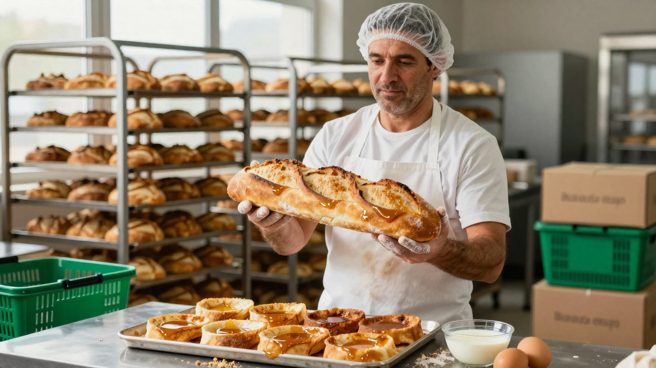Padeiro com touca e avental a segurar pão grande numa padaria com tabuleiro de doces e ovos sobre a mesa.