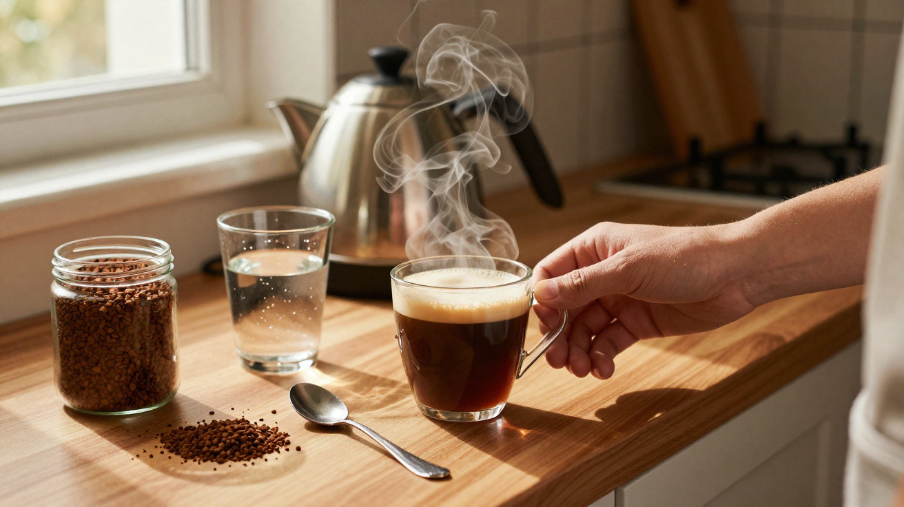 Mão a segurar chávena de café fumegante numa cozinha com frasco de café, copo de água e colher na bancada.