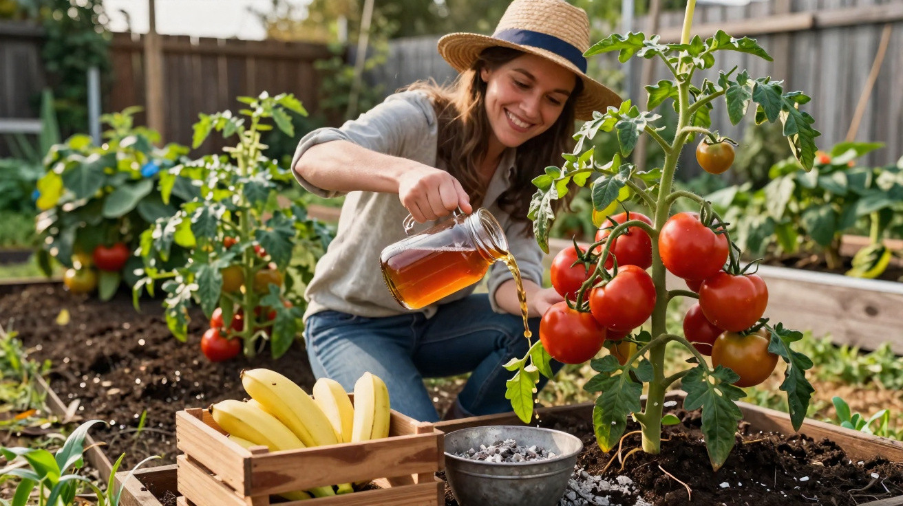 Mulher a regar planta de tomate num jardim com bananas numa caixa ao lado.