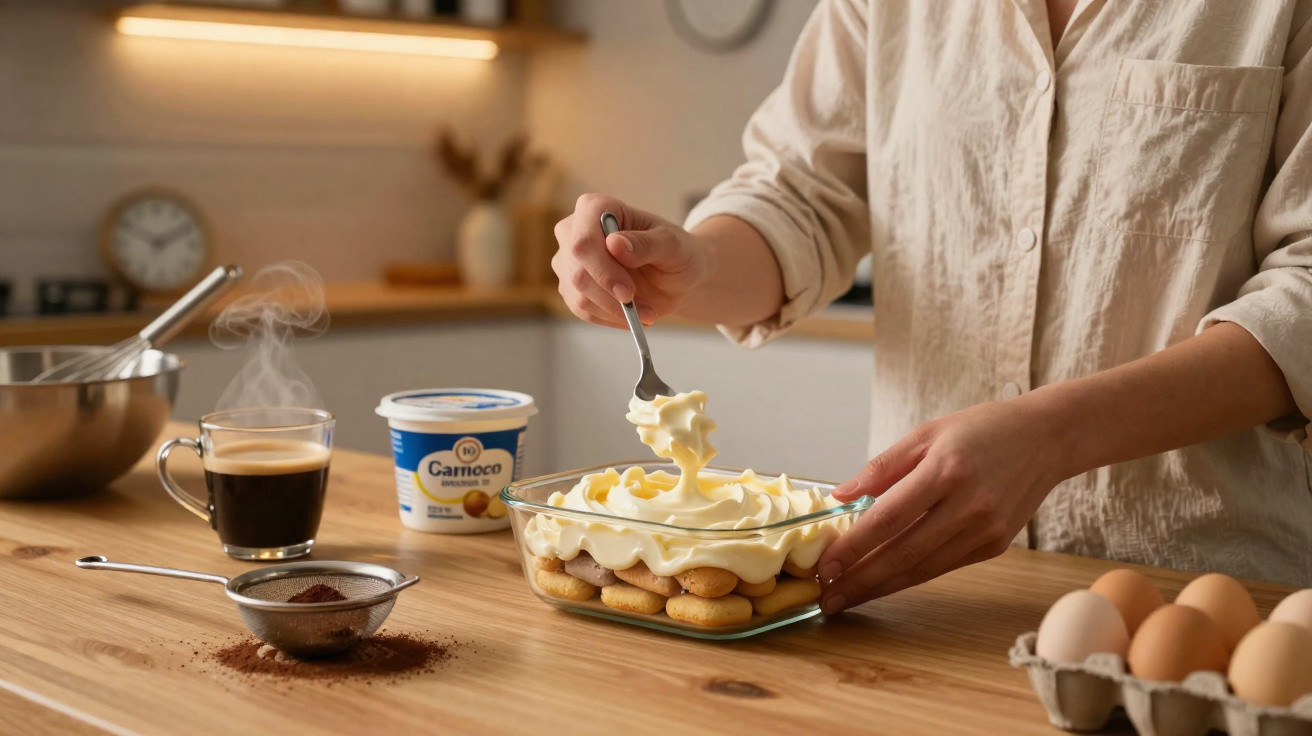 Pessoa a espalhar creme sobre tiras de biscoito em prato de vidro numa cozinha moderna.