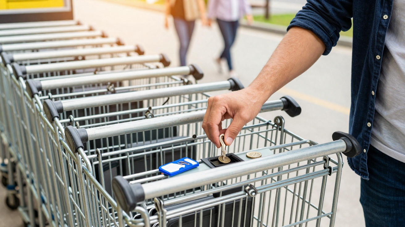 Pessoa a inserir uma moeda num carrinho de compras num parque de estacionamento.