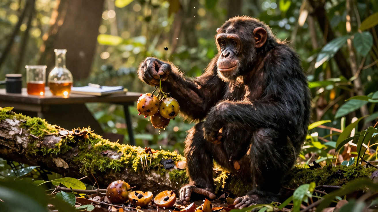 Chimpanzé sentado numa árvore na floresta a segurar frutos amarelos com manchas pretas.