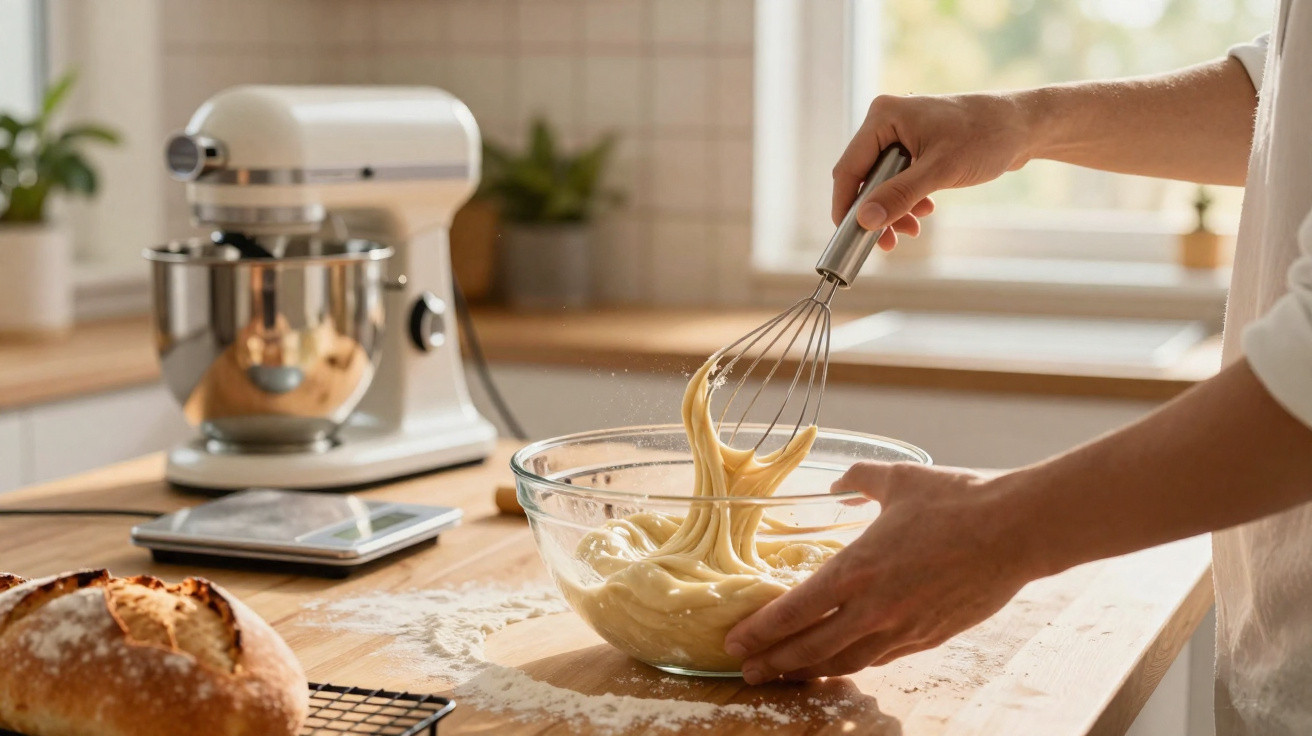 Pessoa a mexer massa numa taça de vidro numa cozinha com batedeira e pão sobre a bancada.
