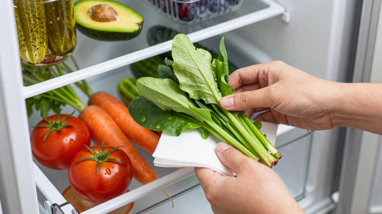 Mãos a guardar folhas verdes com gotas de água numa folha de papel dentro de um frigorífico com legumes variados.