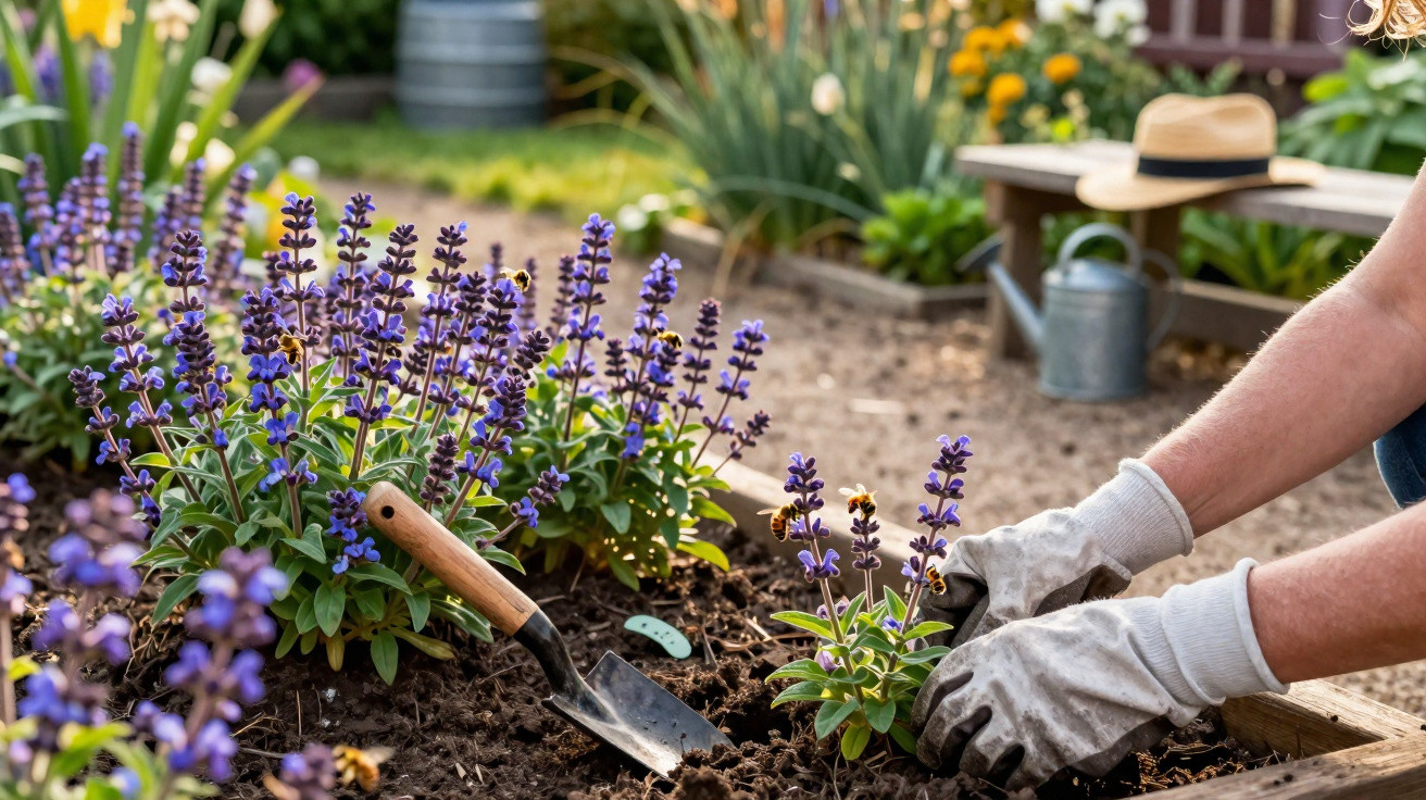 Pessoa a plantar flores roxas num canteiro com luvas de jardinagem e ferramenta de escavação.