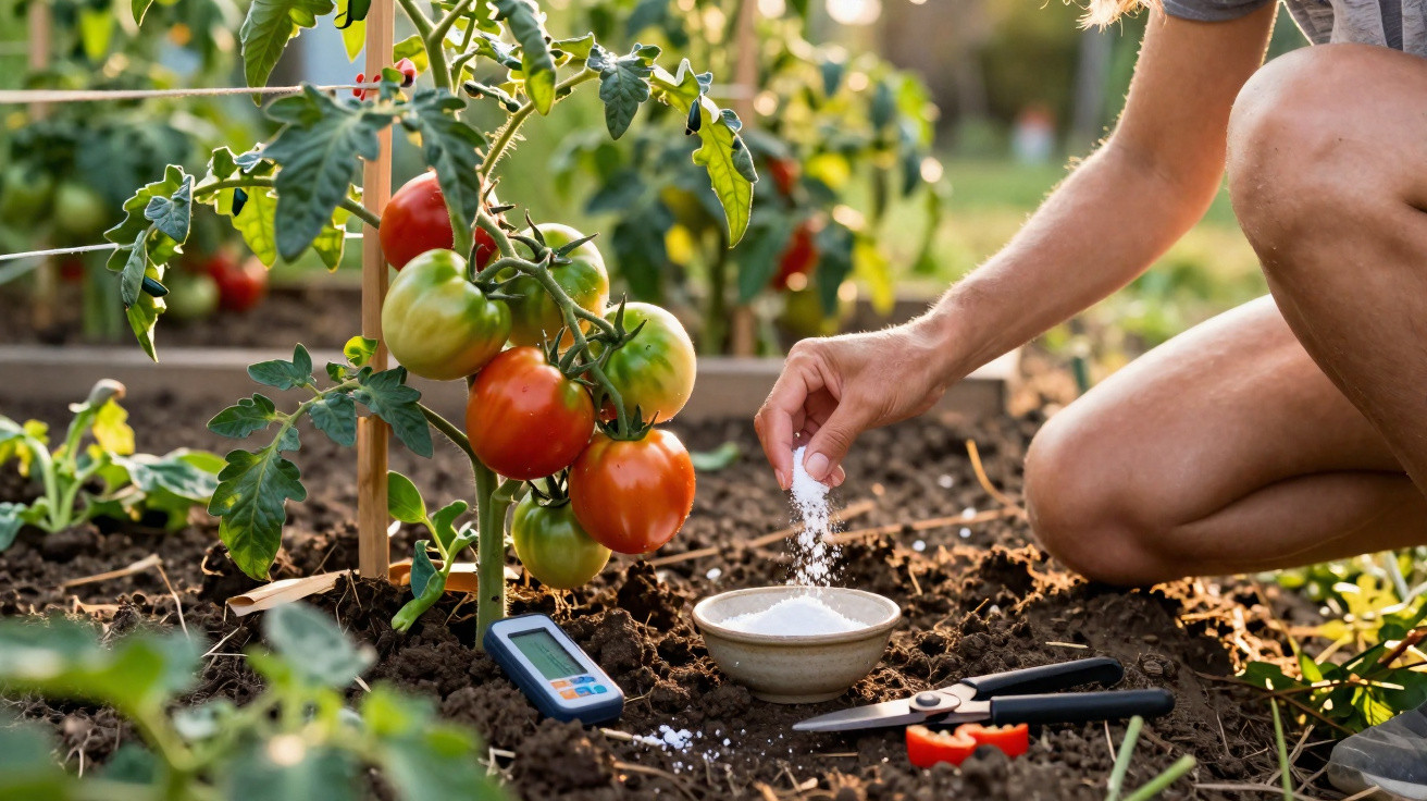 Pessoa a fertilizar planta de tomate com tomates verdes e vermelhos no jardim ao ar livre.