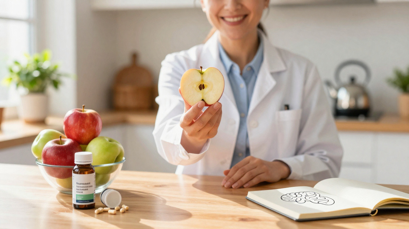 Nutricionista a sorrir segura metade de uma maçã com maçãs e suplementos sobre a mesa numa cozinha iluminada.