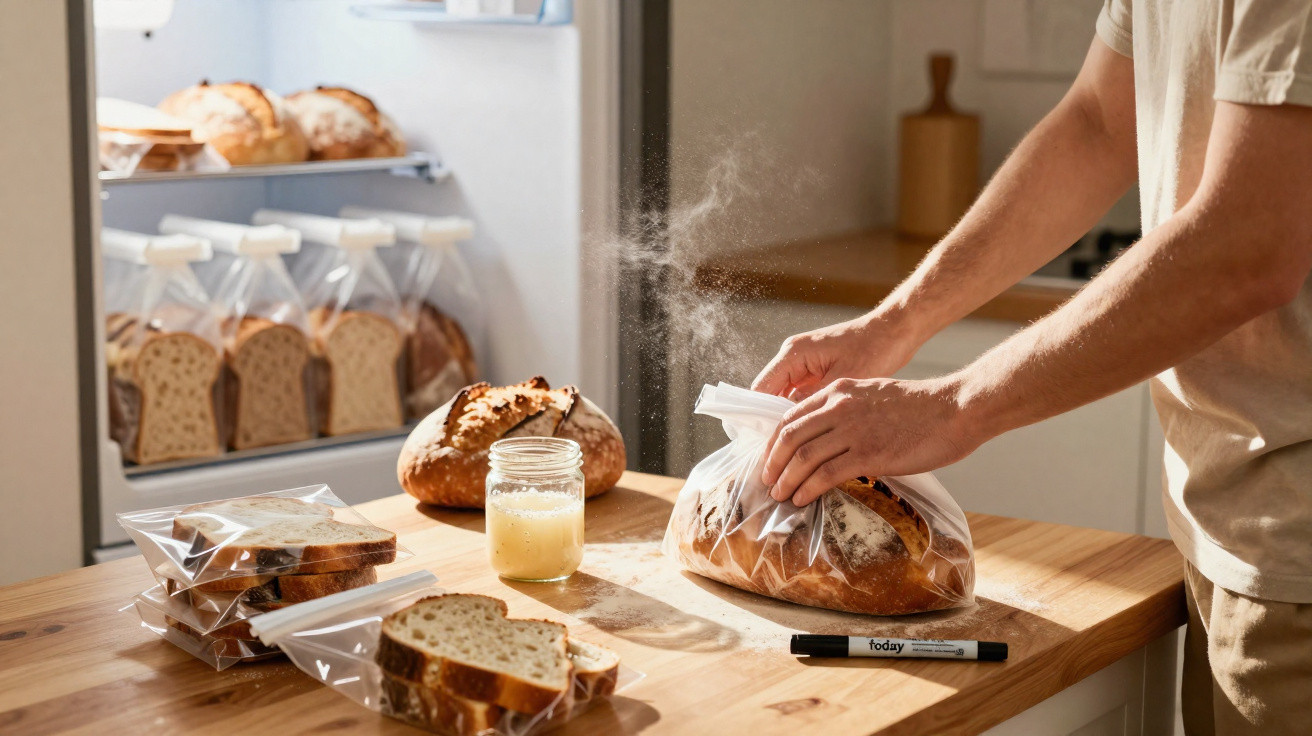 Pessoa a fechar saco plástico com pão numa cozinha, com vários sacos de pão já embalados sobre a mesa e na prateleira do frig