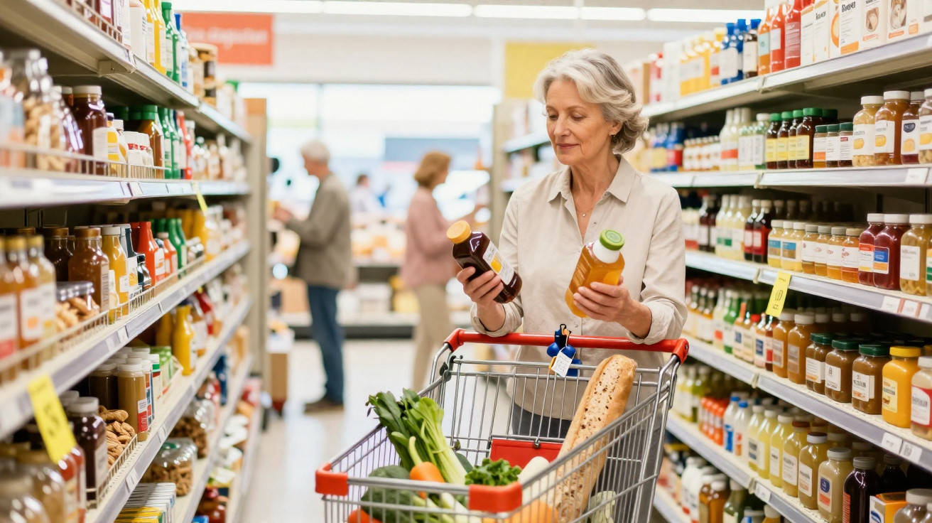 Mulher sénior a comparar sumos numa garrafeira do supermercado com carrinho cheio de legumes e pão.