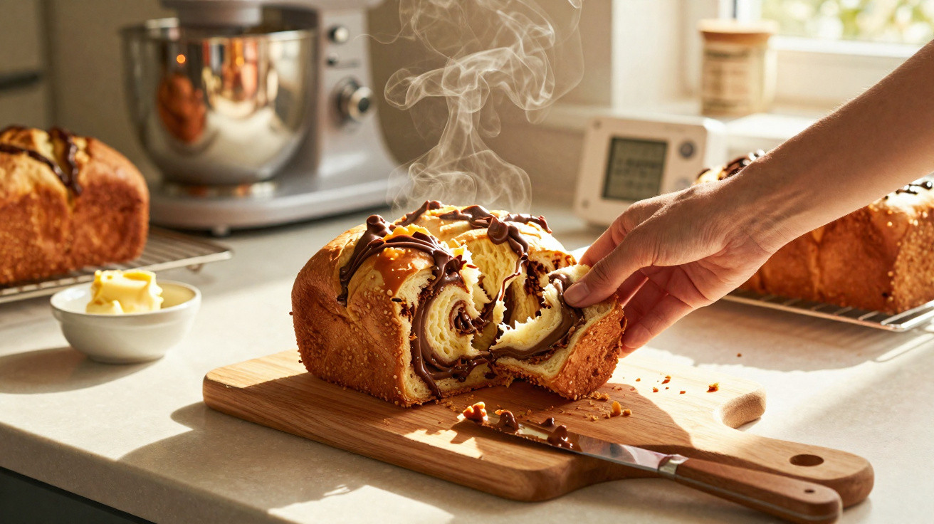 Pão doce com chocolate a ser partido à mão numa tábua de madeira numa cozinha iluminada pelo sol.
