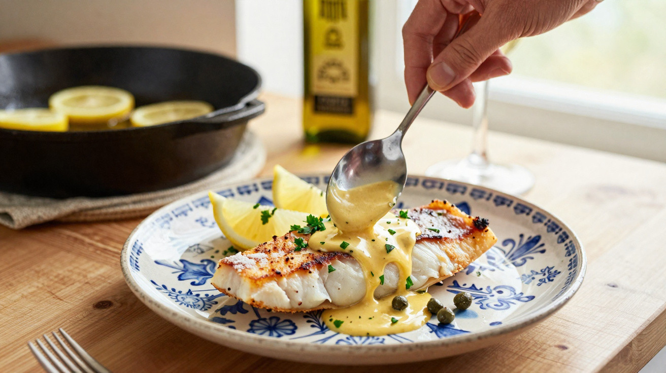 Peixe grelhado servido com molho cremoso, alcaparras e limão num prato com padrão azul e branco.