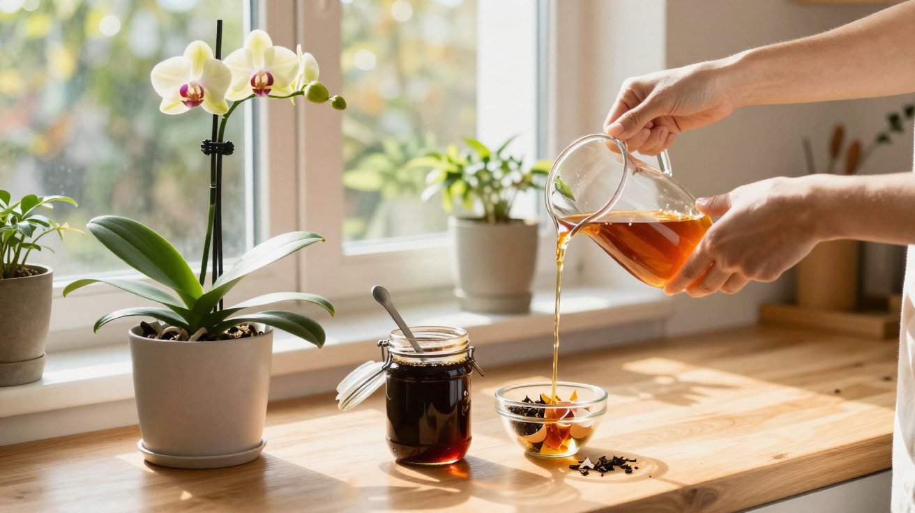 Mãos a verter chá de vidro para uma taça com especiarias, perto de um frasco de mel e orquídea branca.