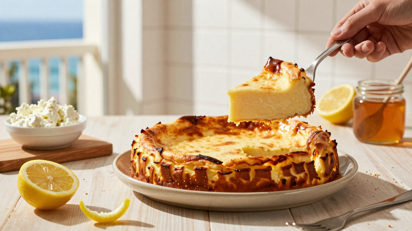 Fatia de cheesecake cremosa a ser retirada, com limão e mel ao fundo numa mesa iluminada pela luz natural.