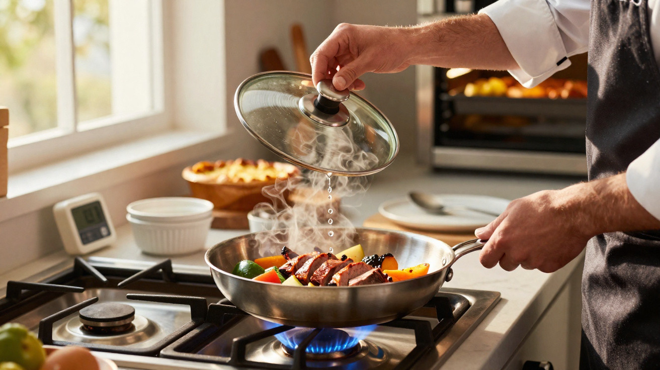 Pessoa a levantar tampa de frigideira com carne e legumes a cozinhar no fogão a gás, na cozinha iluminada.