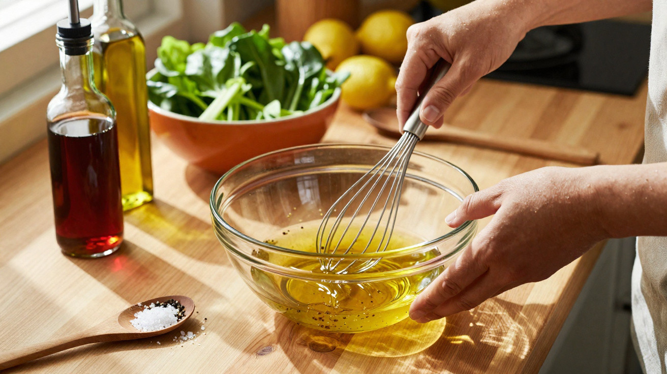Mãos a mexer azeite num recipiente de vidro, com temperos e verduras ao fundo sobre mesa de cozinha.