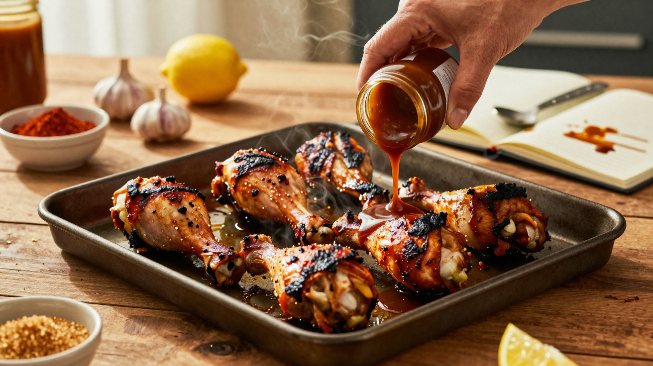 Perninhas de frango assadas numa travessa a serem regadas com molho barbecue, sobre mesa de madeira.