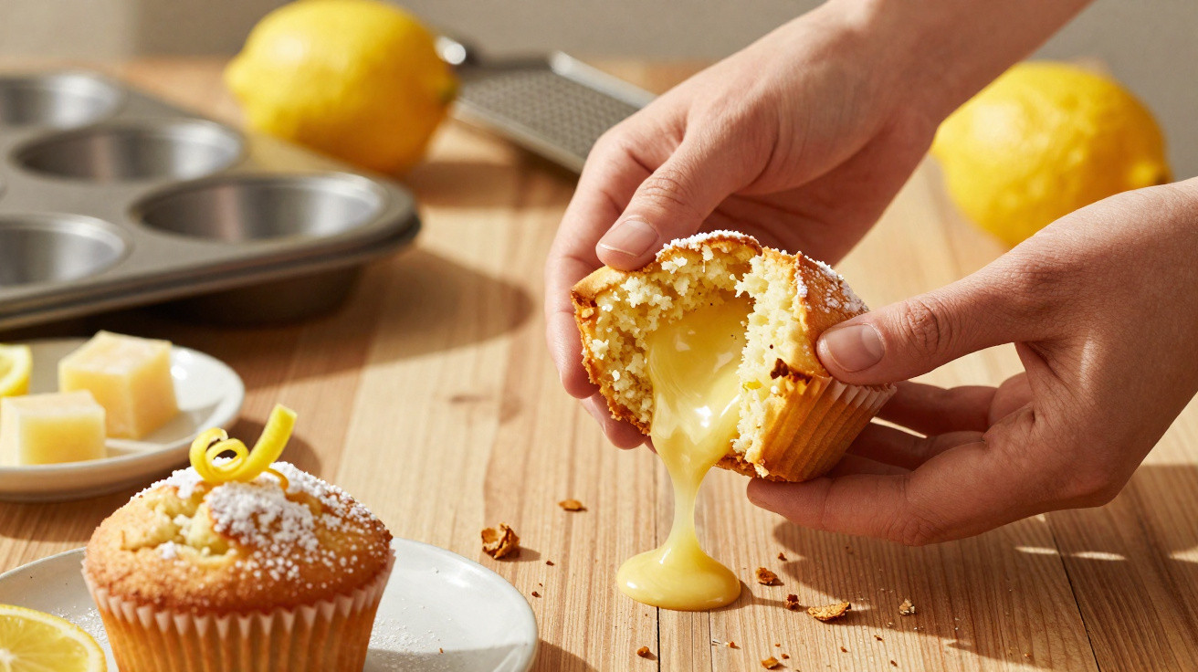 Mãos a partir um muffin de limão com recheio cremoso a escorrer sobre uma mesa de madeira.